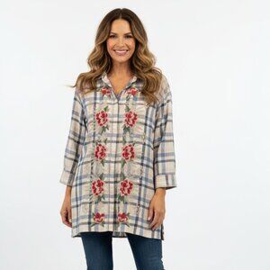 Johnny Was Top Button Up Floral Embroidered Boho Plaid Shirt Women sz Large